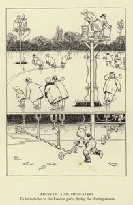Ayudas magnéticas para patinadores, para ser instaladas en los parques de Londres durante la temporada de patinaje de William Heath Robinson