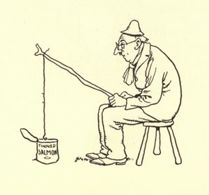 Hombre pescando salmón enlatado de William Heath Robinson