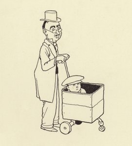 Hombre empujando a un niño en una caja de William Heath Robinson