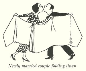 Pareja recién casada doblando ropa de William Heath Robinson