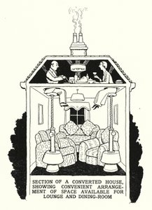 Sección de una casa convertida, mostrando la disposición conveniente del espacio disponible para salón y comedor de William Heath Robinson