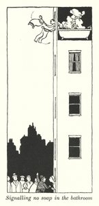 Señalando que no hay jabón en el baño (litografía) de William Heath Robinson