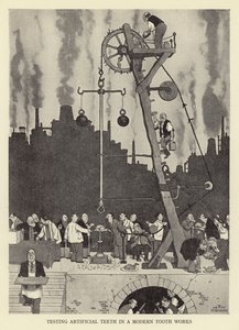 Probando dientes artificiales en una fábrica moderna de dientes de William Heath Robinson