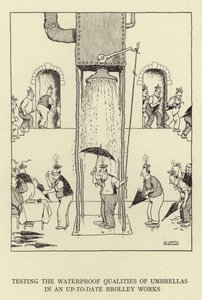 Probando las cualidades impermeables de los paraguas en una fábrica moderna de paraguas de William Heath Robinson