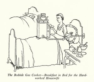 La cocina de gas junto a la cama, desayuno en la cama para la ama de casa trabajadora