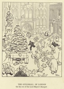 El Guildhall de Londres, en la víspera del Banquete del Alcalde de William Heath Robinson