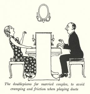 El doble piano para parejas casadas, para evitar calambres y fricciones al tocar duetos de William Heath Robinson
