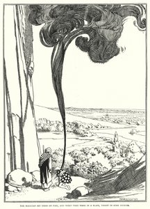 El mago los prendió fuego, y cuando estaban en llamas, arrojó incienso (grabado) de William Heath Robinson