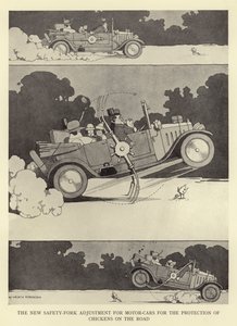 El nuevo ajuste de horquilla de seguridad para automóviles para la protección de pollos en la carretera de William Heath Robinson