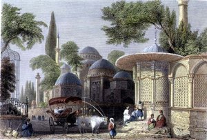 Fuente y mezquita de Chahzade, grabado por Roberts Sands, c.1850