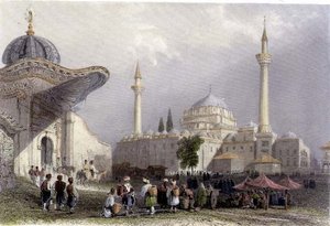 La mezquita de Bajazet con la puerta del Seraskier, Estambul, grabado por H. Griffiths, c.1850 (aguatinta) de William Henry (after) Bartlett