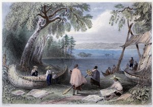 Construcción de canoas en las islas Pappers cerca del río Ottawa - en “Canadian scenery illustrated” de Bartlett W. H.