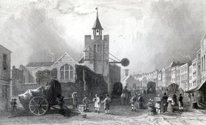 High St. con la Iglesia de St. Nicholas, Colchester, Essex, grabado por Charles Mottram, 1831