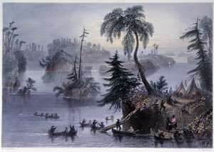 Escena entre las Mil Islas: Campamento y Barcos, Mille Îles - en "Paisaje canadiense ilustrado" por Bartlett W. H.