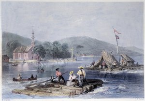 Balsas de colonos y transporte de madera en el Lago de las dos montañas - en “Canadian scenery illustrated” de Bartlett W. H.