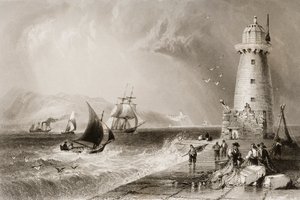 Faro de South Wall con la colina de Howth en la distancia, Dublín, de 