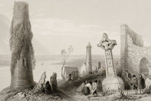 La Antigua Cruz y la Torre Redonda en Clonmacnois, Condado de Offaly, Irlanda, de 