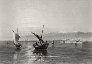 Los Balcanes, Bulgaria, desde cerca de Widden, grabado por J. Godfrey de William Henry Bartlett