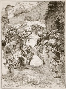 Teniente Harley, a la cabeza de cuarenta sijs y sesenta cachemires, asaltó la casa sobre la boca de la mina, ilustración de 