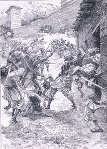 El teniente Harley liderando la salida de Fort Chitral, ilustración de la Historia de Inglaterra de Cassell, 1900s de William Henry Charles Groome