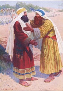 El encuentro de Jacob y Esaú, de El Libro de Imágenes de la Biblia publicado por Thomas Nelson, c.1950 de William Henry Charles Groome