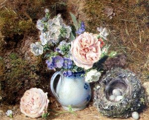 Naturaleza muerta de flores y nido de William Henry Hunt
