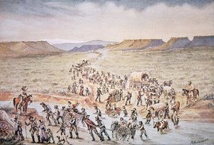 Pioneros mormones con carretas de mano dirigiéndose al oeste hacia Utah en 1850