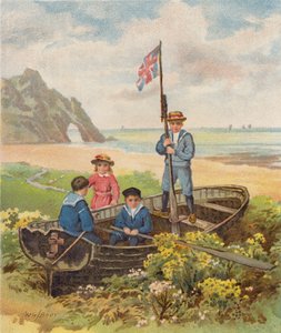 Niños jugando en una barca en la playa (cromolito) de William Henry James (after) Boot