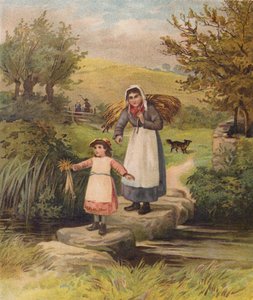 Mujer y niña cruzando un arroyo sobre peldaños (cromolito) de William Henry James (after) Boot