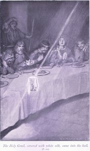 El Santo Grial, cubierto con seda blanca, entró en el salón de William Henry Margetson