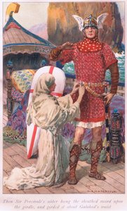 Entonces la hermana de Sir Percivale colgó la espada envainada en el cinturón y la ciñó a la cintura de Galahad de William Henry Margetson
