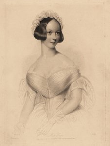 La señorita Gore. Con un vestido de hombros caídos y cintura ceñida, el pelo decorado con una guirnalda de rosas. Grabado en acero de William Henry Mote a partir de una ilustración de William Drummond de Charles Heath