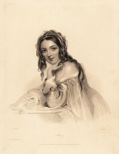 Retrato de Amy. Belleza con un velo sobre el pelo largo, vestido de armiño sin hombros, sosteniendo un collar de perlas. Grabado en acero de William Henry Mote a partir de una ilustración de John Hayter de Charles Heath