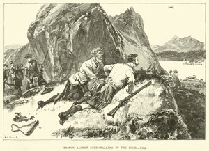 El príncipe Alberto cazando ciervos en las Tierras Altas (grabado)