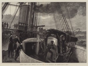 Torreta Barbette del HMS Temeraire, uno de la flota en los Dardanelos, práctica de tiro, ¡listo para disparar!