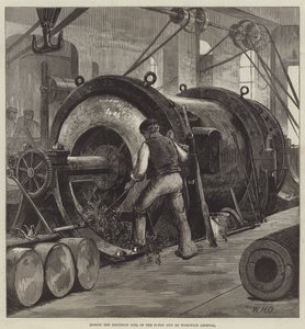 Perforando la bobina del muñón del cañón de 81 toneladas en el Arsenal de Woolwich de William Heysham Overend
