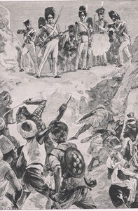 Los seguidores de Carmichael dispararon una descarga en el denso grupo de hombres: Batalla de Bharatpur 1826, ilustración de British Battles on Land and Sea, 1915