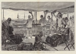 Despedida de África, Stanley y sus oficiales dejando Mombasa en el barco de vapor Katoria de William Heysham Overend