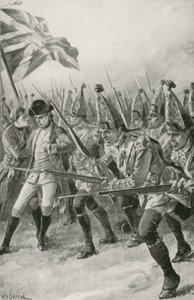 El general Wolfe es mortalmente herido mientras lidera la carga en las Llanuras de Abraham de William Heysham Overend