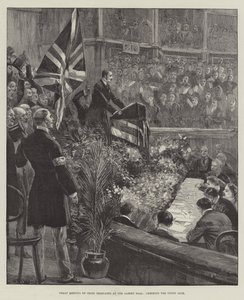 Gran reunión de delegados irlandeses en el Albert Hall, vitoreando la Union Jack