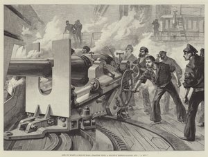 Vida a bordo de un buque de guerra, práctica con un cañón de retrocarga de seis pulgadas, ¡Un acierto!