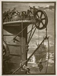 Ciencia Moderna: Recogiendo un cable telegráfico en el mar, grabado por W.J. Palmer