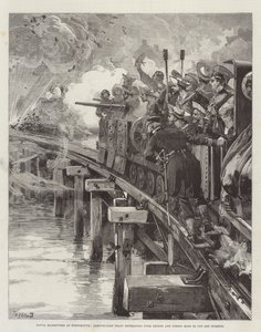 Maniobras navales en Portsmouth, tren blindado retrocediendo sobre el puente y disparando mina para cortar la persecución