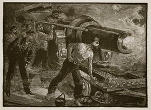 Guerra naval: trabajando el cañón de un barco, grabado por W.J. Palmer