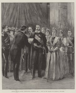 Apertura de la Exposición Internacional de Amberes, 5 de mayo, el Conde de Pret leyendo el discurso al Rey