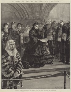 Apertura de los Tribunales Reales de Justicia, el Estrado en el extremo norte del Salón Central, la Reina declarando los Tribunales Abiertos