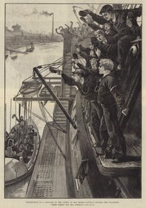 Presentación de un bote salvavidas por los cadetes del barco del Colegio Náutico del Támesis, Worcester, ¡Tres hurras por el bote salvavidas! de William Heysham Overend