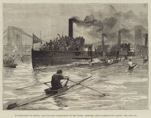 Carrera de remo el lunes pasado por el campeonato del mundo, esbozado sobre el puente de Hammersmith de William Heysham Overend