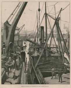 Embarcando material en Woolwich para el ferrocarril de Souakim (grabado) de William Heysham Overend