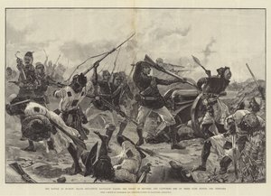 La batalla en Suakin, el batallón sudanés negro tomando al enemigo por la retaguardia y capturando uno de sus cañones detrás de las trincheras